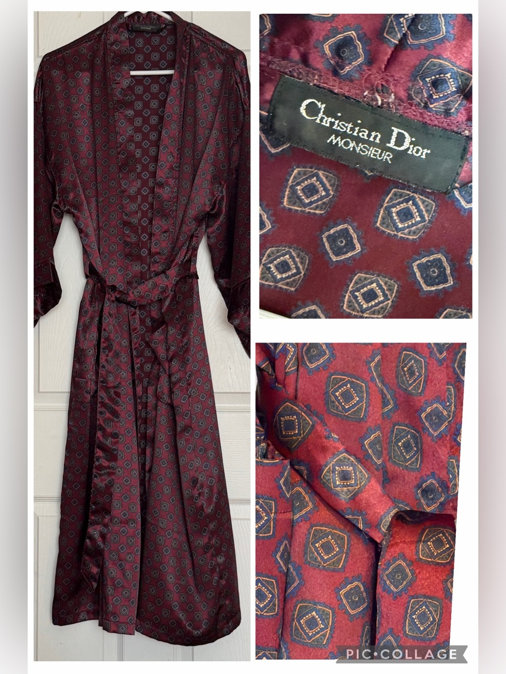 Vintage Christian Dior Monsieur Burgundy Geometric Silky Satin Robe